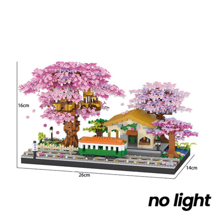 Model of a building with cherry blossom trees, with dimensions and 'no light' label.