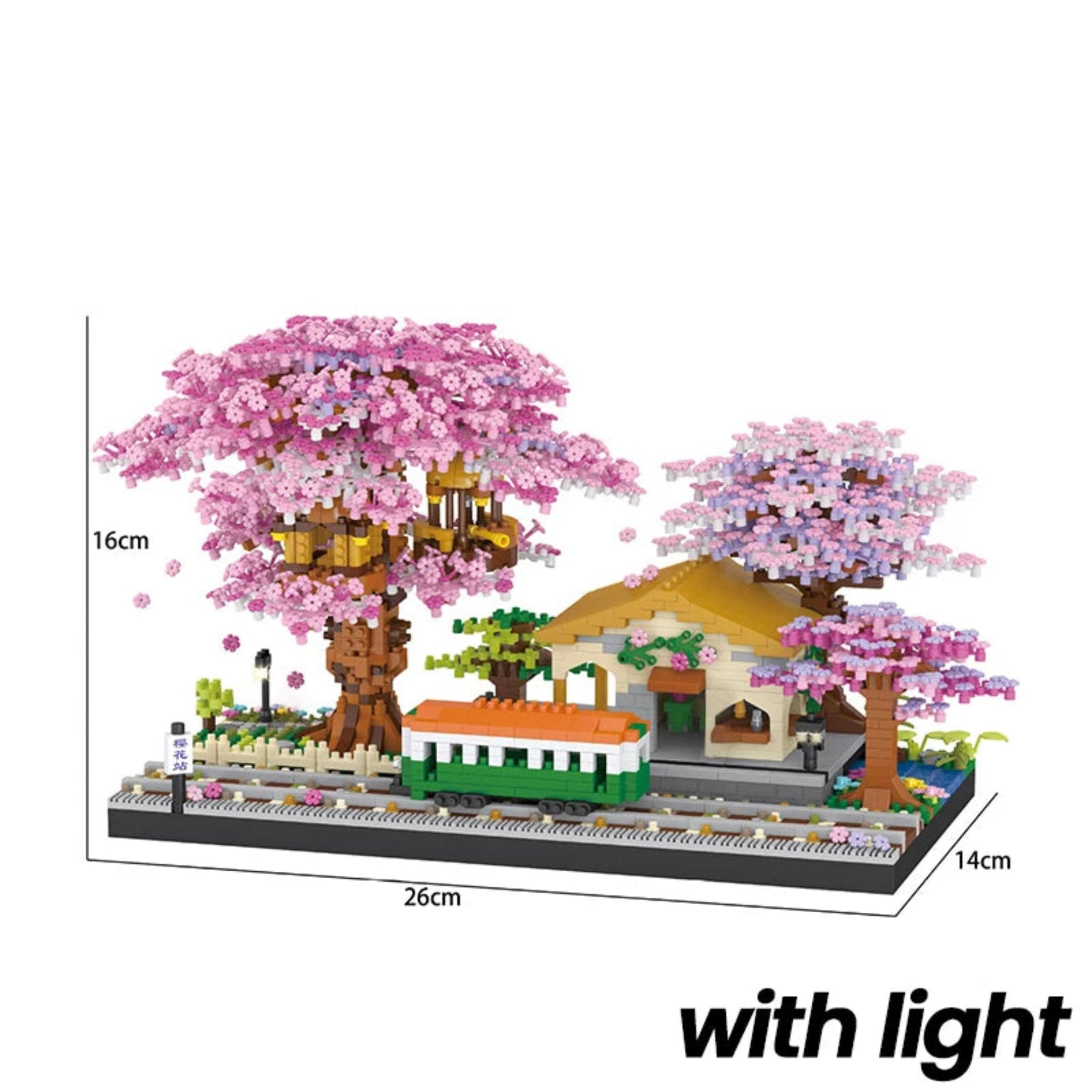 Model of a building with cherry blossom trees, featuring dimensions and 'with light' text.