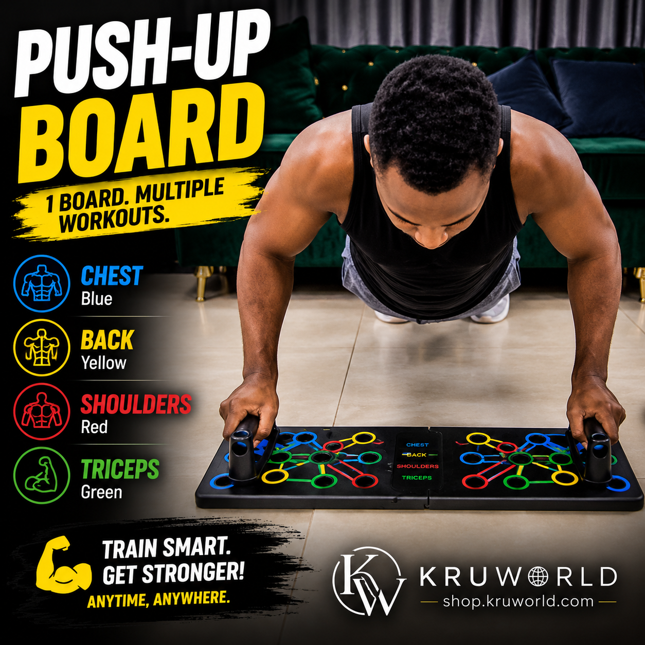 Load video: Man using a color-coded push-up board for chest, back, shoulder and tricep home workouts.