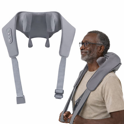 Man wearing a gray neck and shoulder massager on a white background