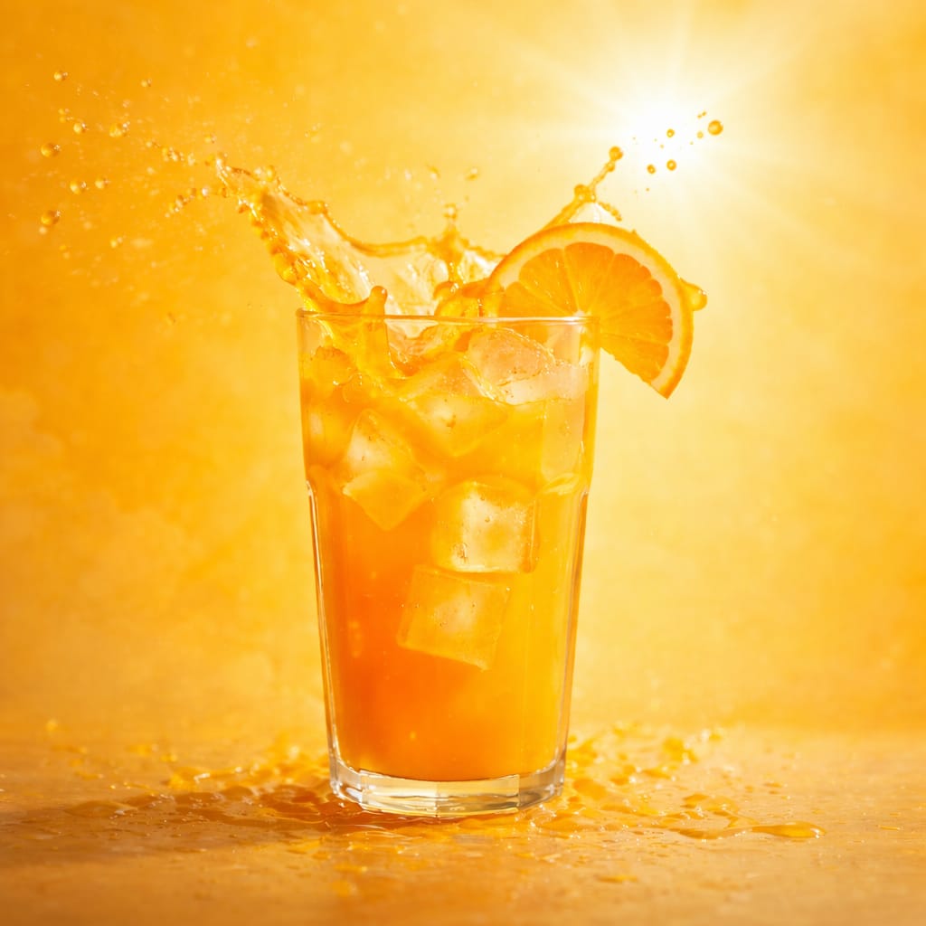 Glass of orange juice with ice and an orange slice on a bright yellow background