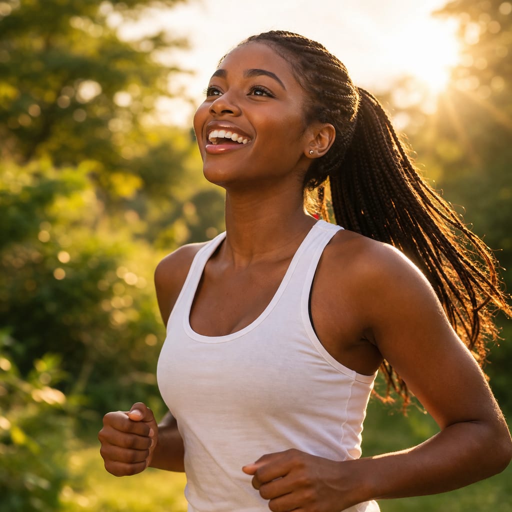 Woman running outdoors with a blurred natural background