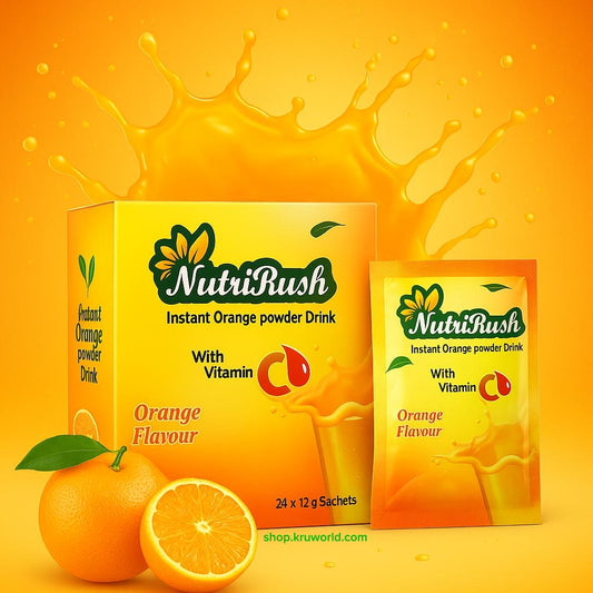 NutriRush Instant Orange Powder Drink packaging with oranges on an orange background