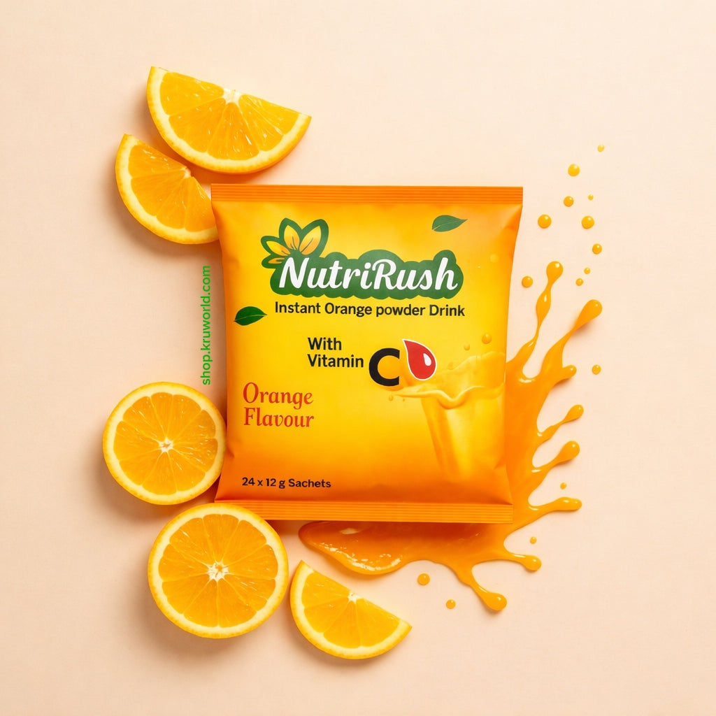 NutriRush Instant Orange Powder Drink package with orange slices on a beige background