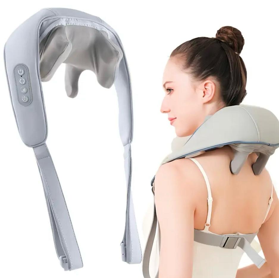 Neck and shoulder massager with a woman wearing it on a white background