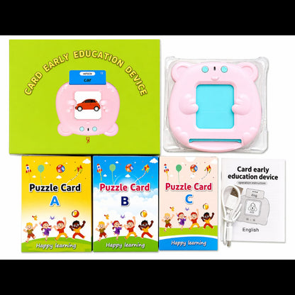 Pink early education device with packaging and cards on a white background