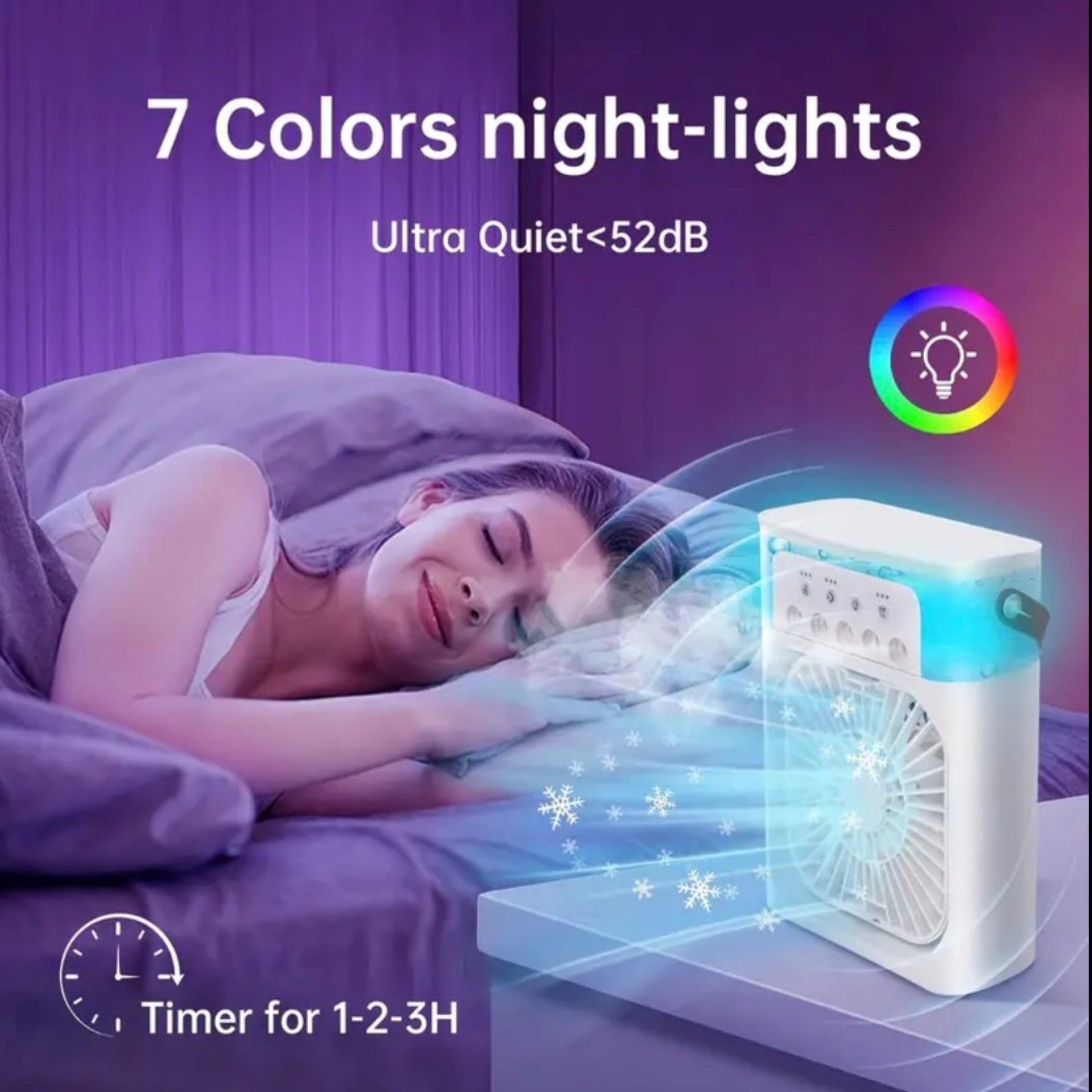 Woman sleeping with a night-light device emitting a soft glow, surrounded by purple hues.