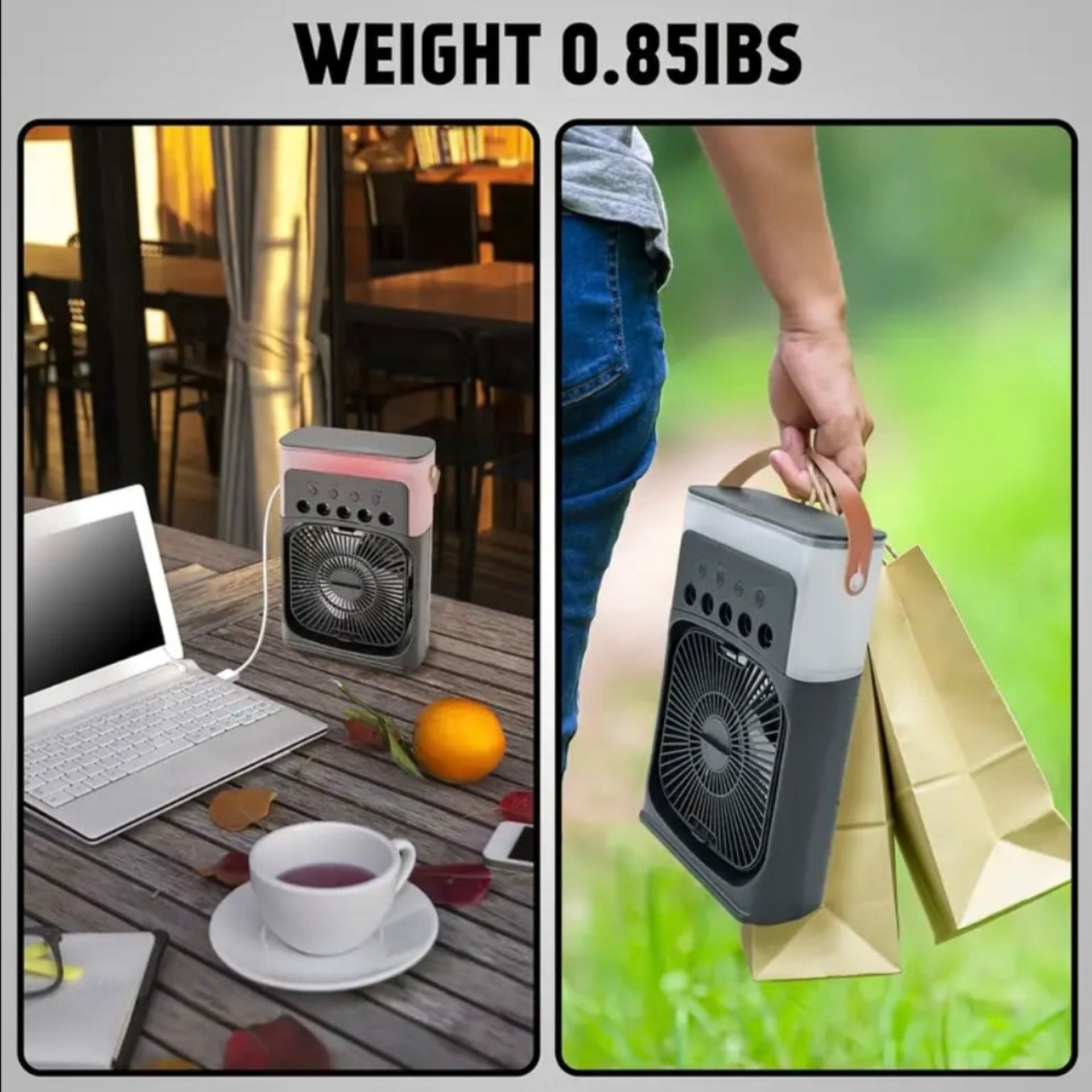 Portable fan on a table next to a laptop and cup, and being carried by a person outdoors.