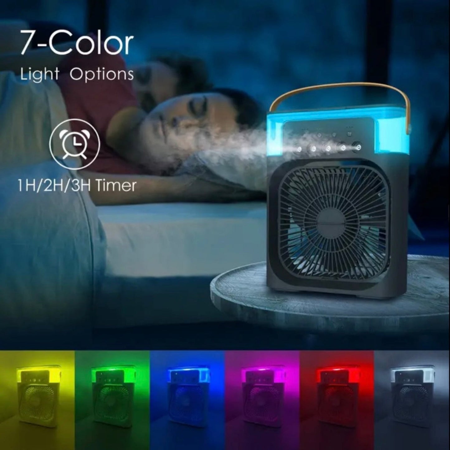 Portable fan with 7-color light options and timer feature on a blurred bedroom background.