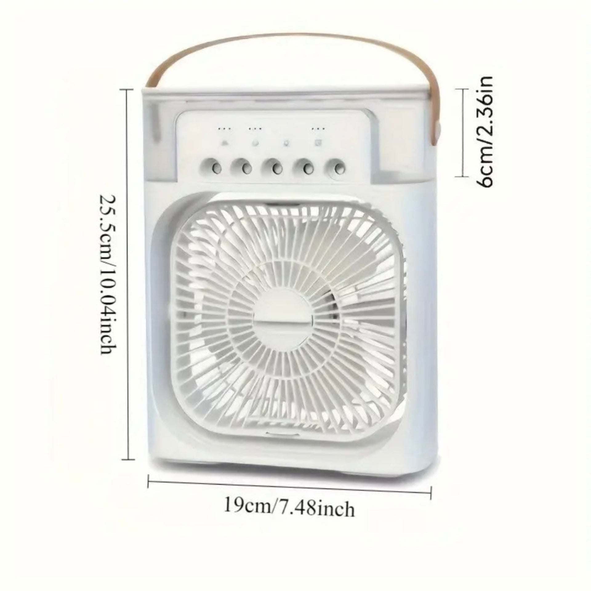 Portable fan with dimensions displayed on a white background