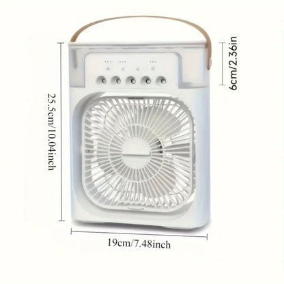 Portable fan with dimensions displayed on a white background