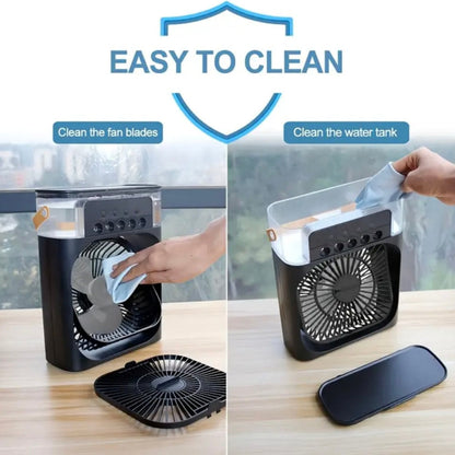 Portable fan with instructions on how to clean it, including fan blades and water tank.