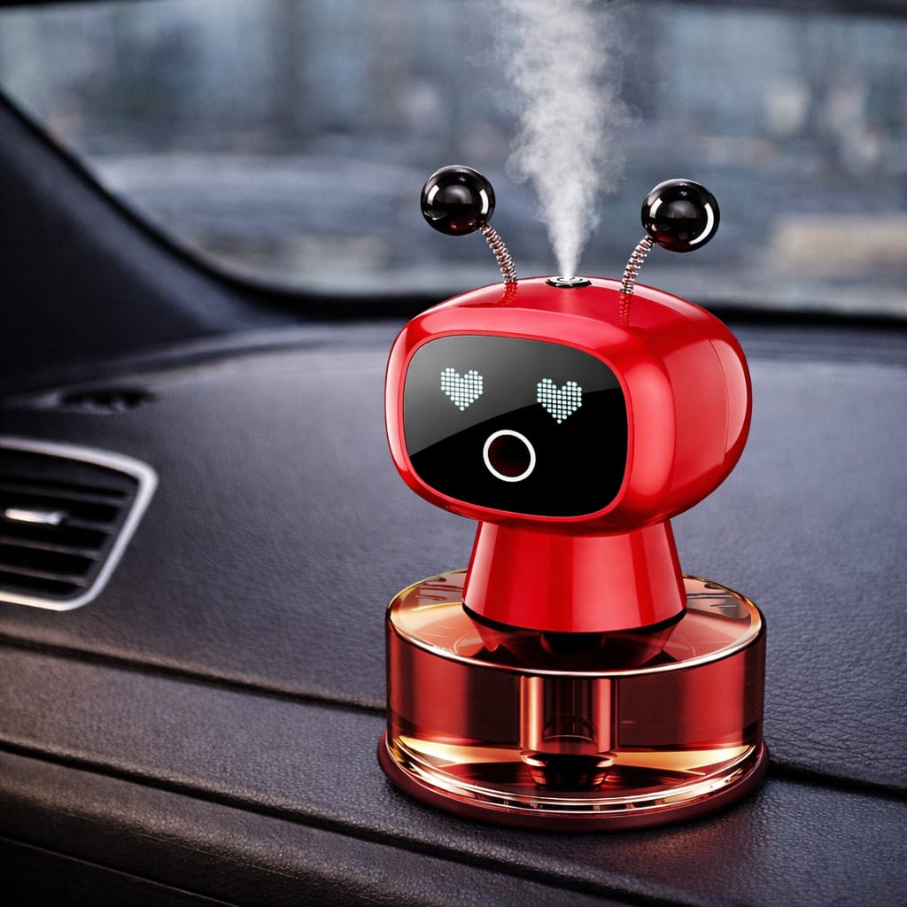 Red robot-shaped humidifier on a car dashboard