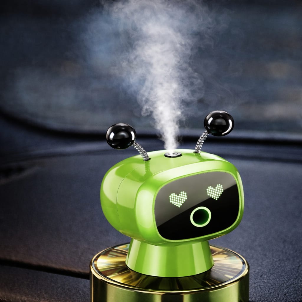 Green robot-shaped humidifier emitting mist on a dark background