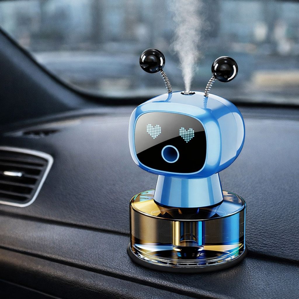 Car humidifier shaped like a robot with heart symbols on a car dashboard.