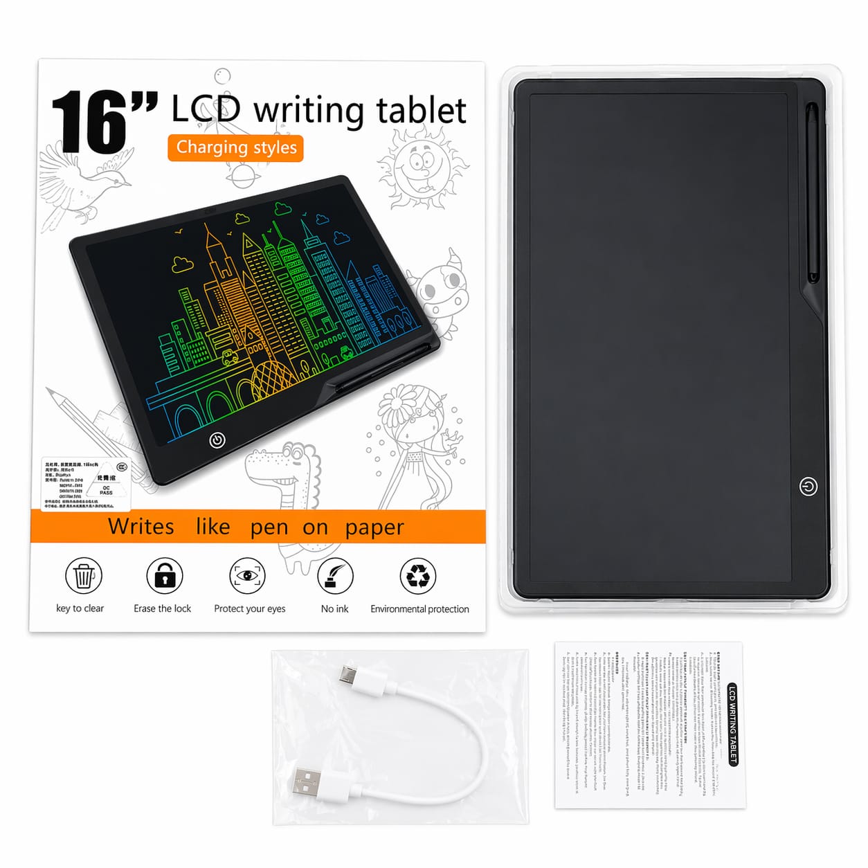 16-inch LCD writing tablet with packaging, cable, and user manual on a white background