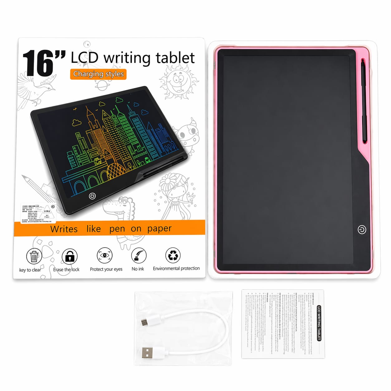 16-inch LCD writing tablet with packaging on a white background