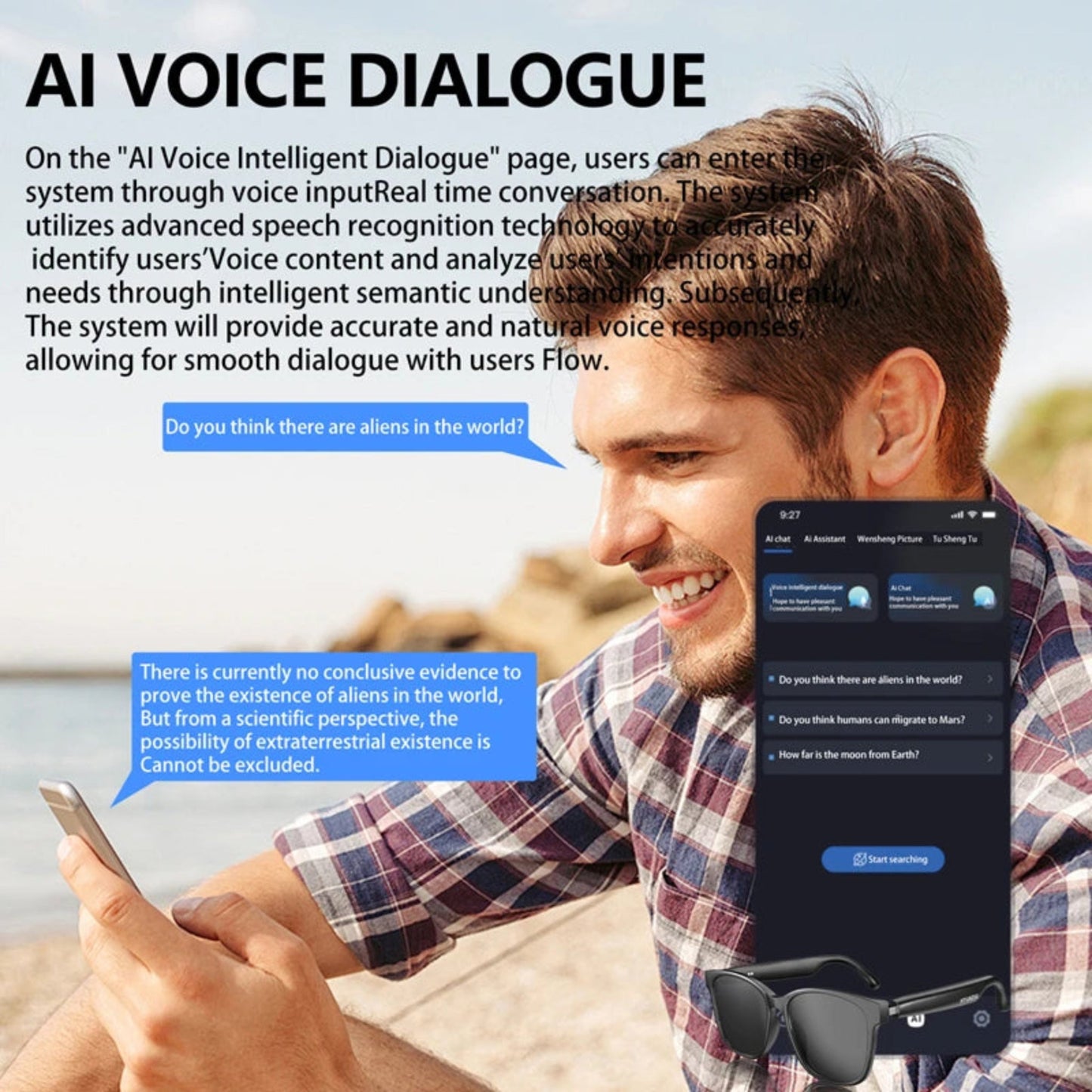 Man using a smartphone with AI voice dialogue system on screen, beach background