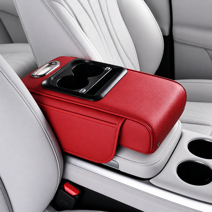 Rechargeable Red car armrest organizer with cup holder in a vehicle interior.