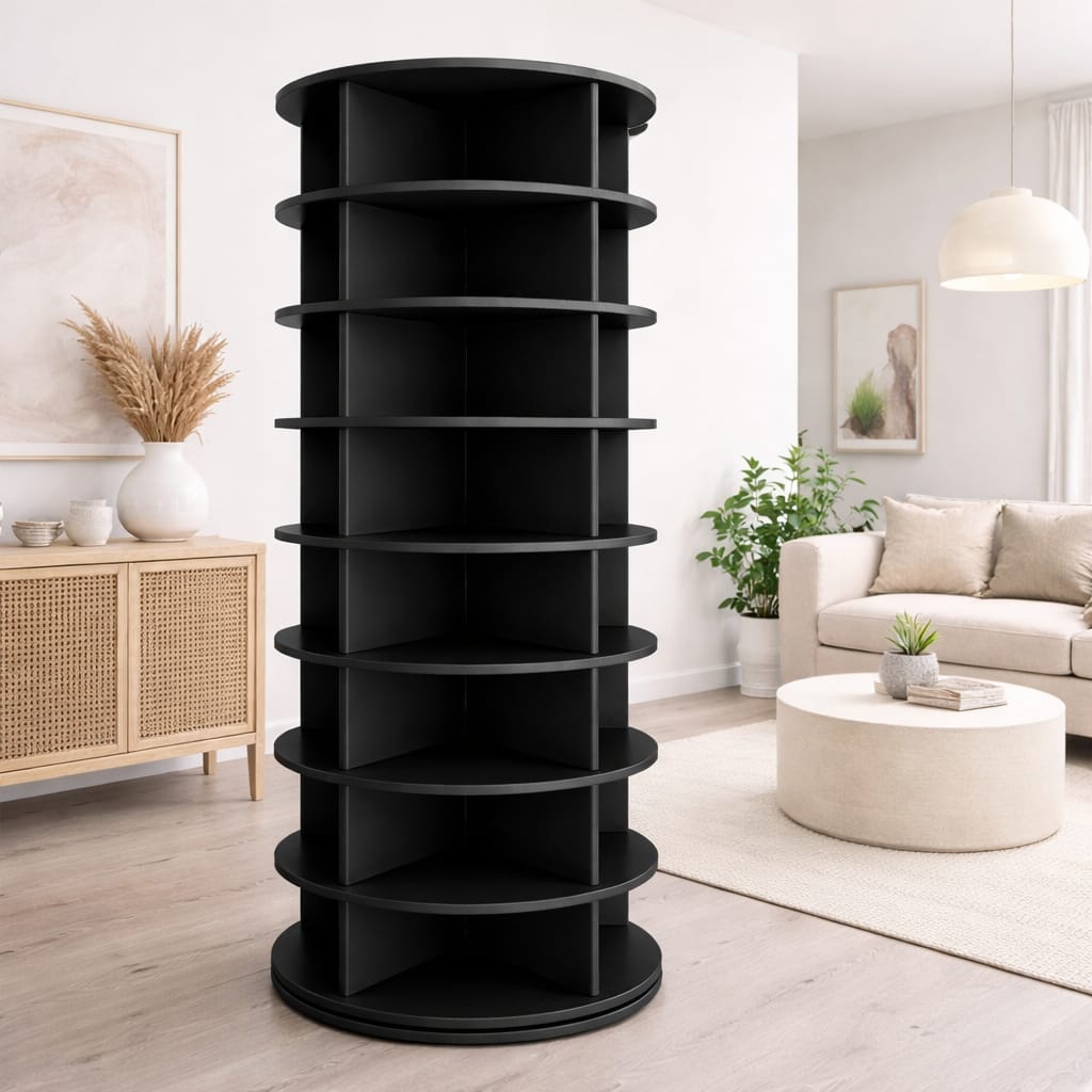 Black spiral bookshelf in a living room setting with a couch and coffee table.