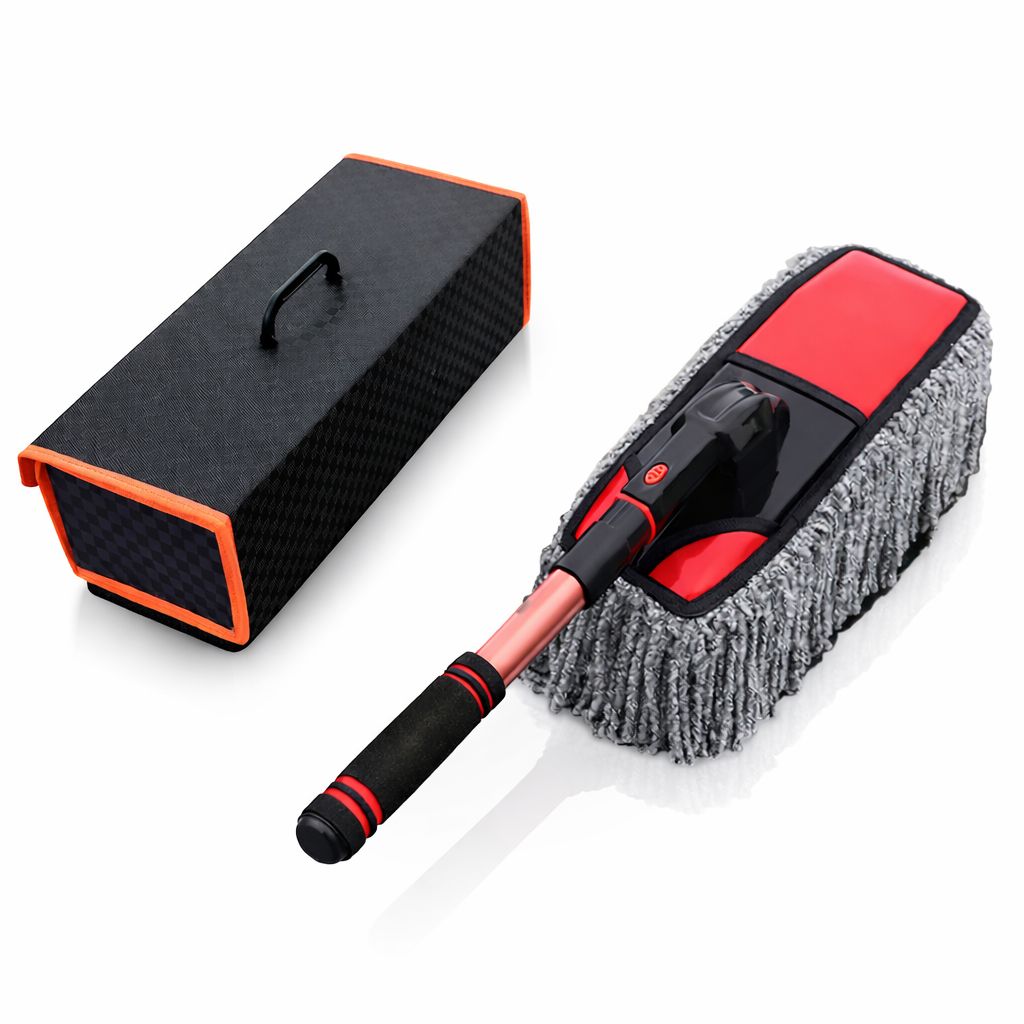 Car cleaning brush with black and red design on a white background