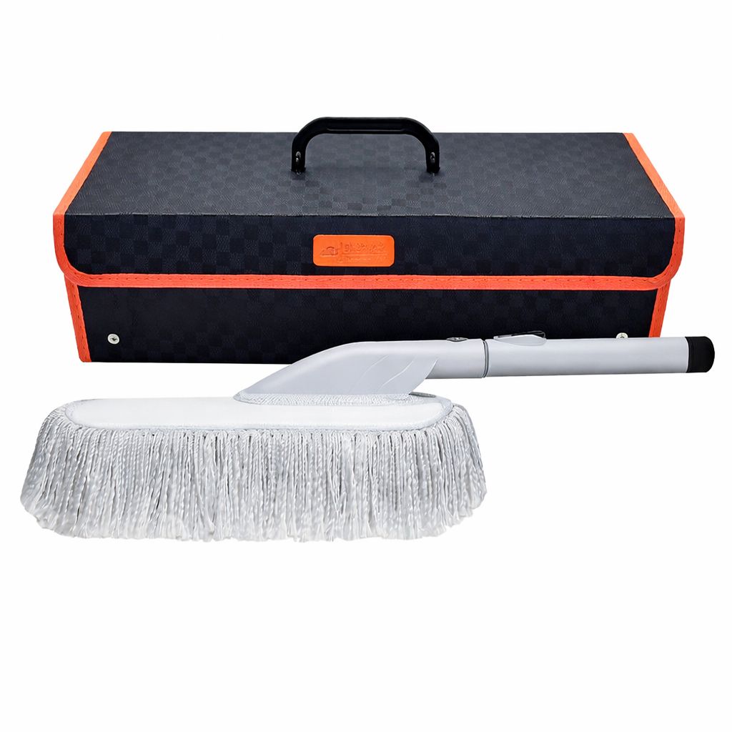 Car wash brush with black and orange carrying case on a white background