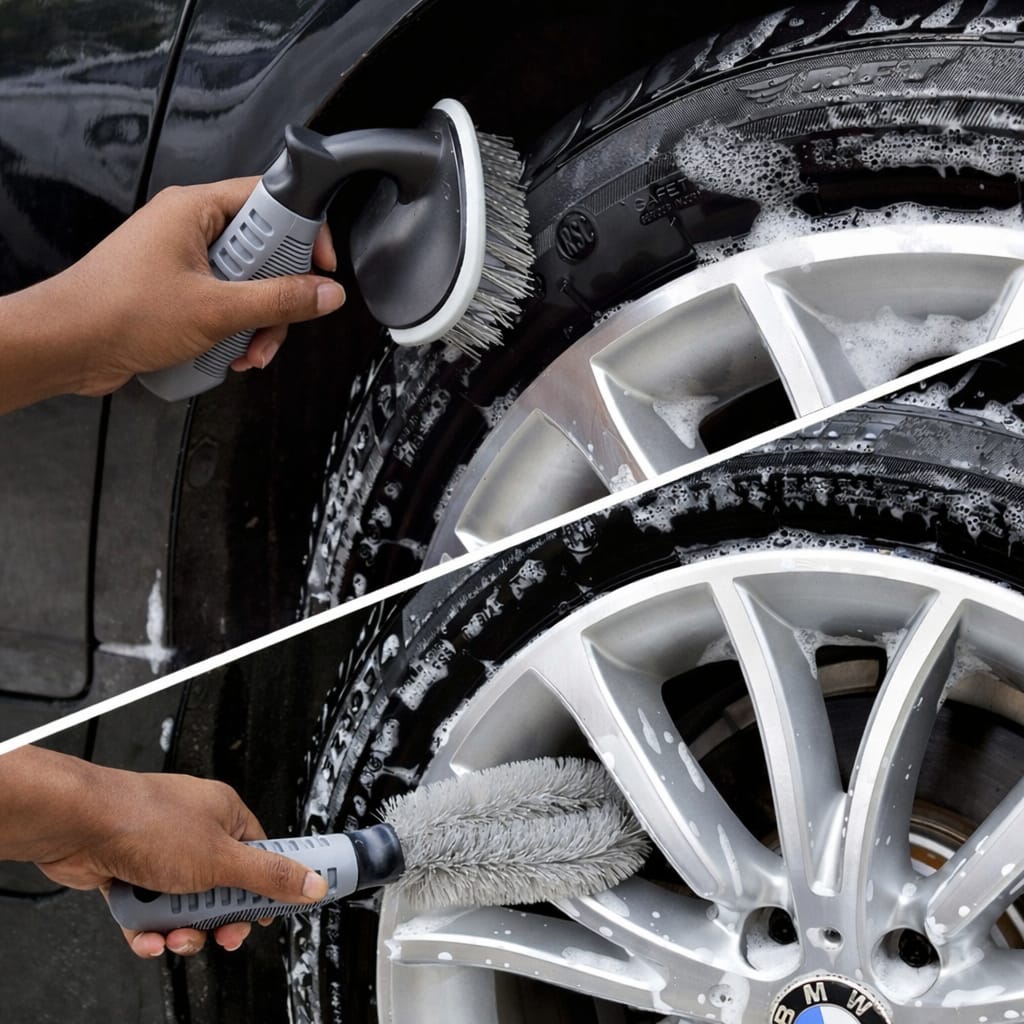 Person cleaning car wheels with a brush and soap, focusing on the BMW logo.