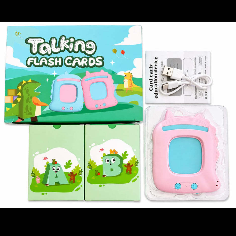 Talking flash card device with packaging and accessories on a white background