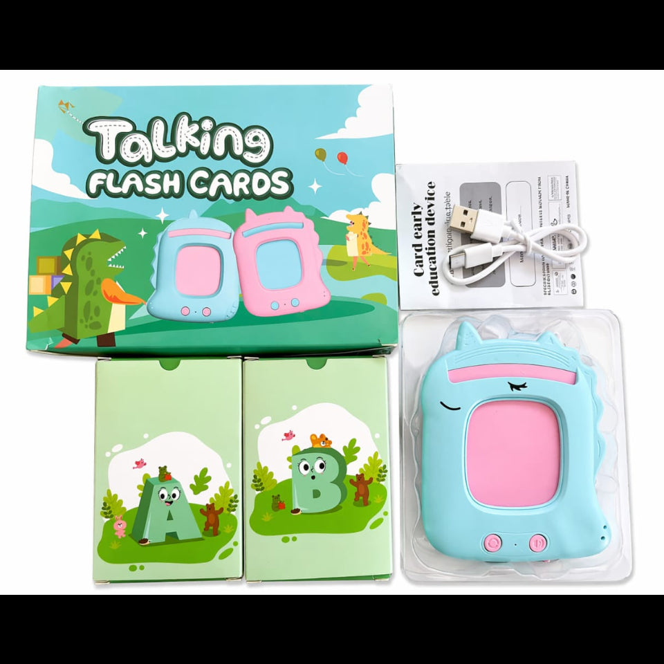 Talking flash card device with packaging and accessories on a white background
