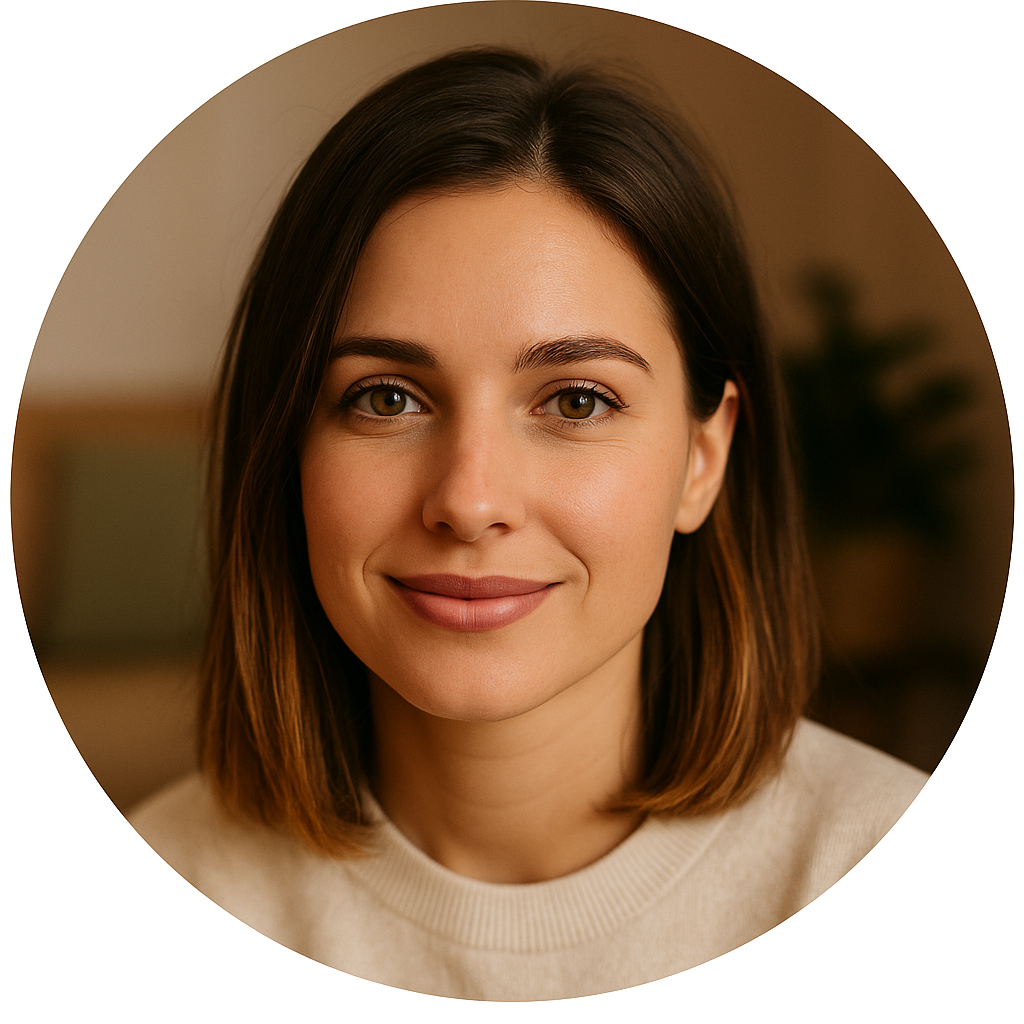Round headshot of a woman with shoulder-length brown hair wearing a beige sweater.
