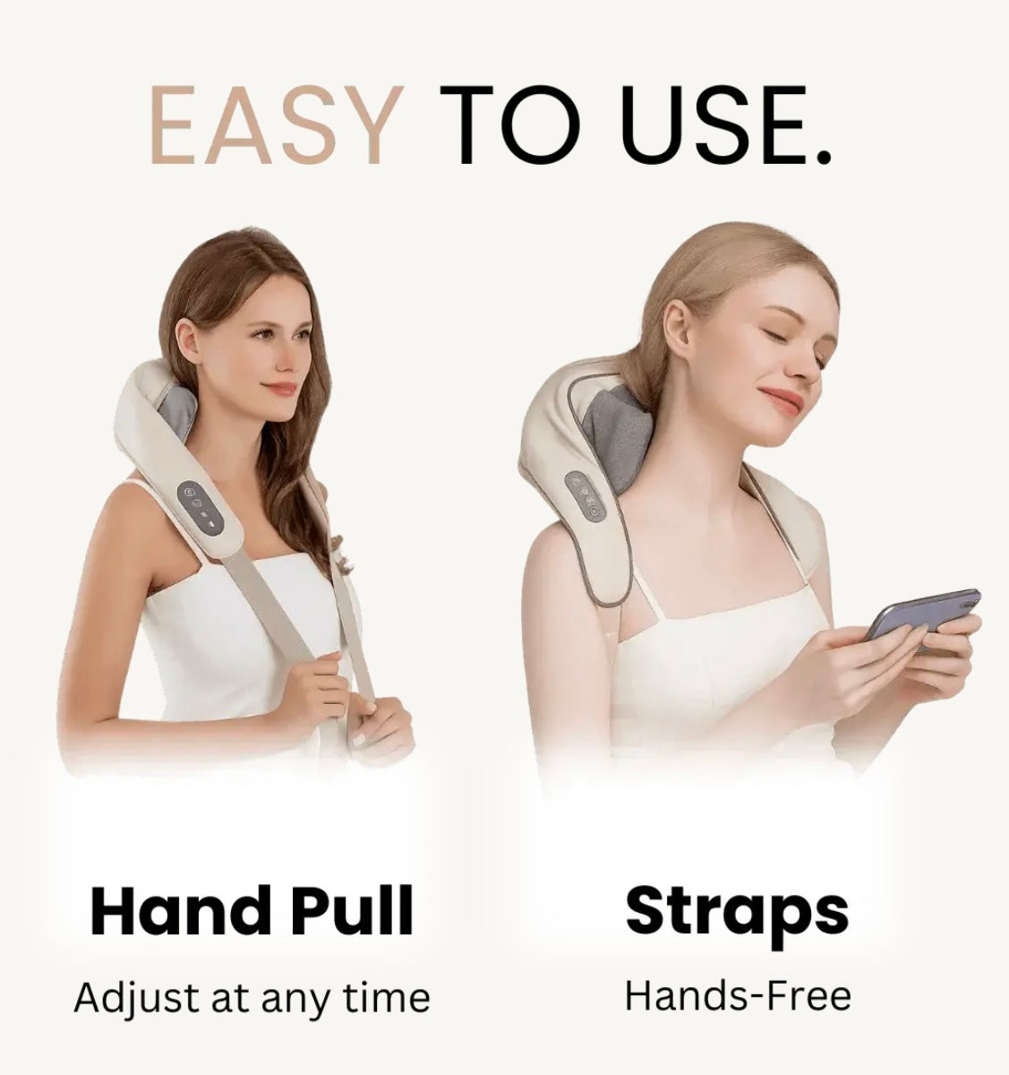 Two women using a neck and shoulder massager with text indicating ease of use and features.