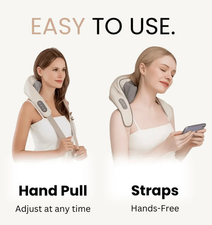 Two women using a neck and shoulder massager with text indicating ease of use and features.