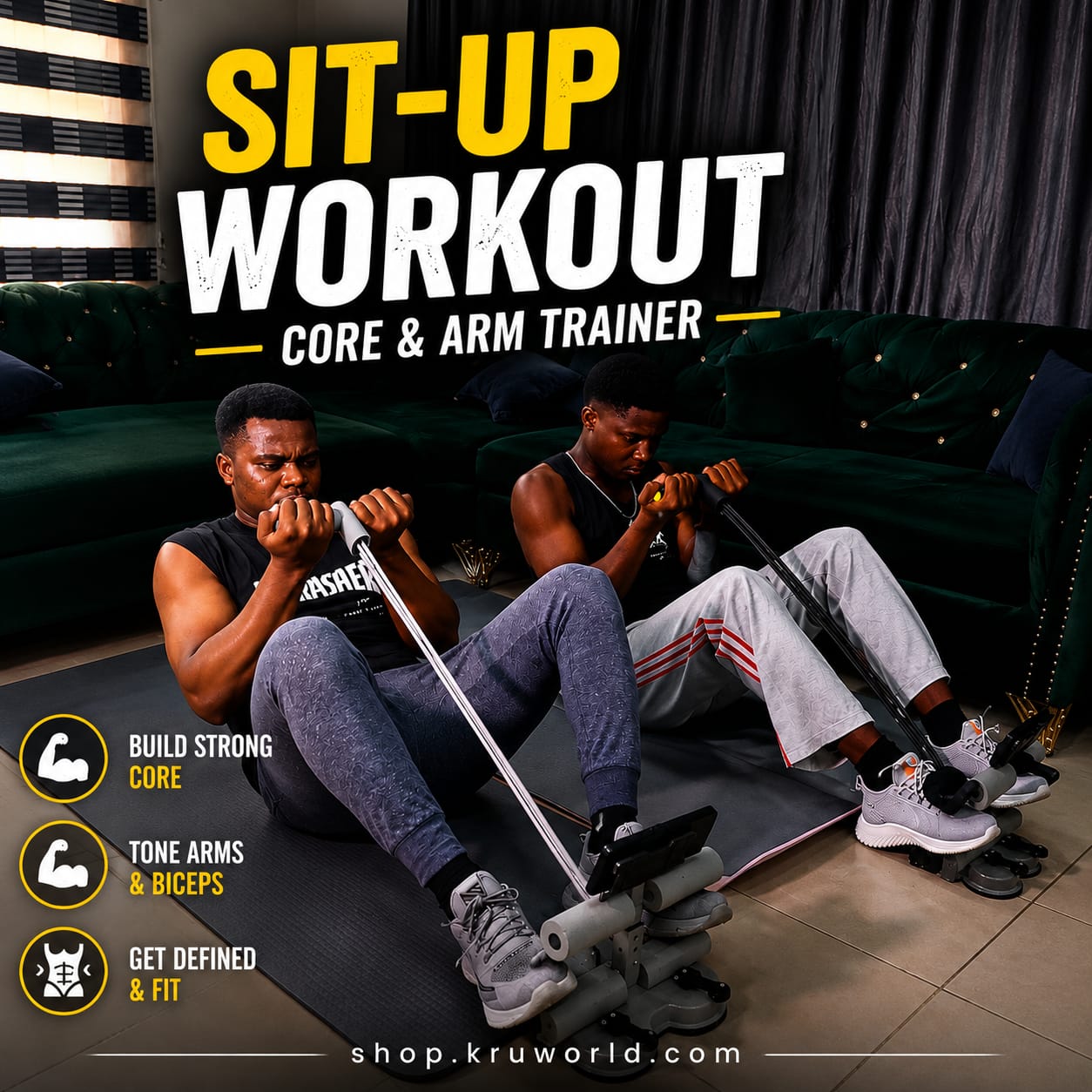 Load video: Two men demonstrating a sit-up assistive resistance trainer for core, arm, and full-body workouts on exercise mats indoors.