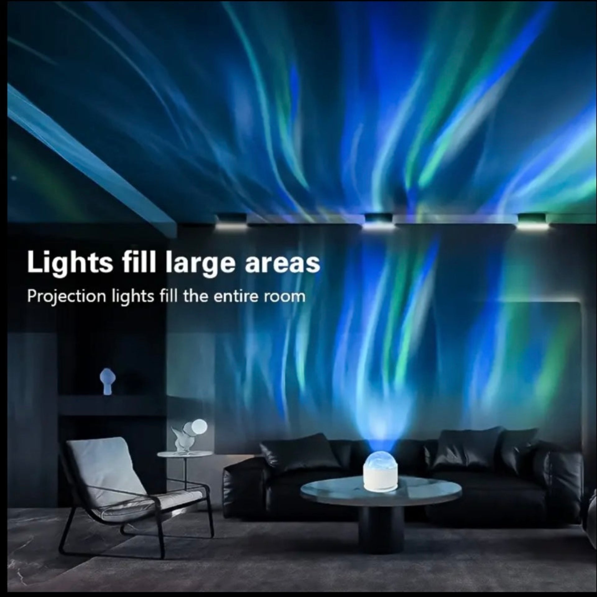 Galaxy projector lamp illuminating a large room with vibrantaurora lights across walls and ceiling