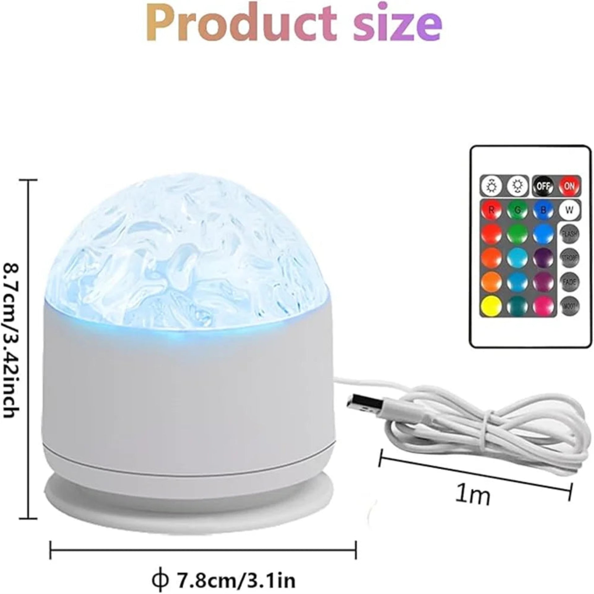 Aurora Galaxy Projector with size dimensions: 8.7cm height, 7.8cm diameter, and 1m USB cable, shown with remote control