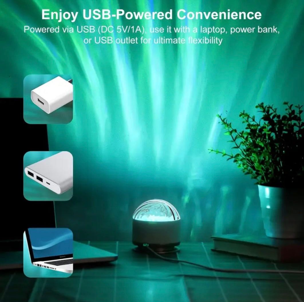 Aurora Galaxy Projector Lamp powered via USB, shown with glowing green light effect and compatible power options like power bank, laptop, and USB adapter