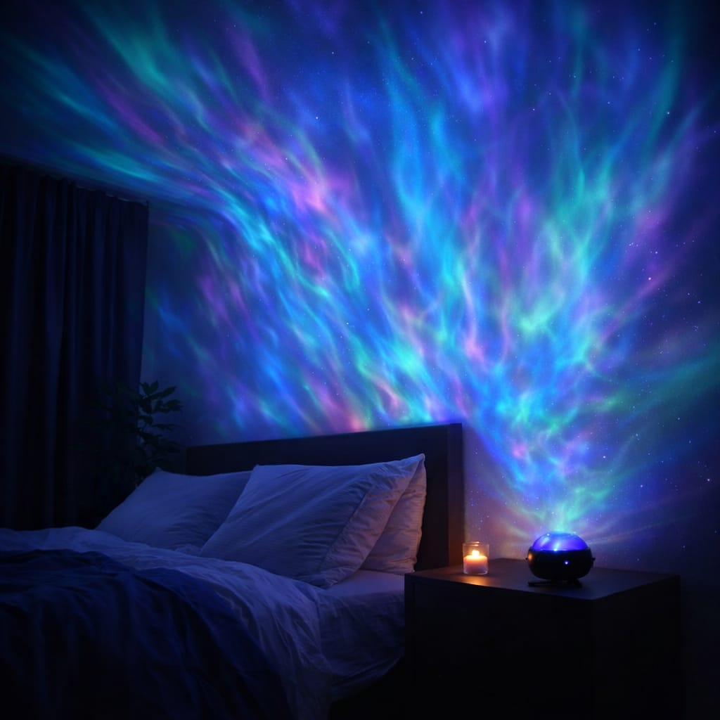 Bedroom with colorful light projection on the wall