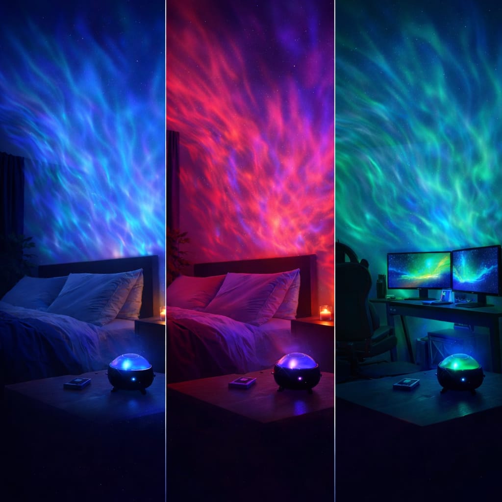 Collage of a night light projector creating colorful projections on walls and ceiling.
