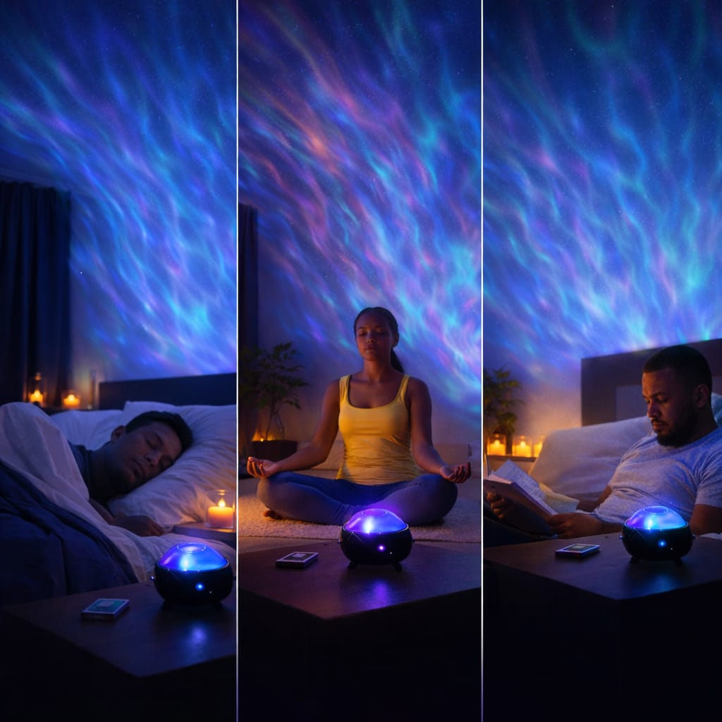 Collage of a person meditating with a colorful light projector on a wall.