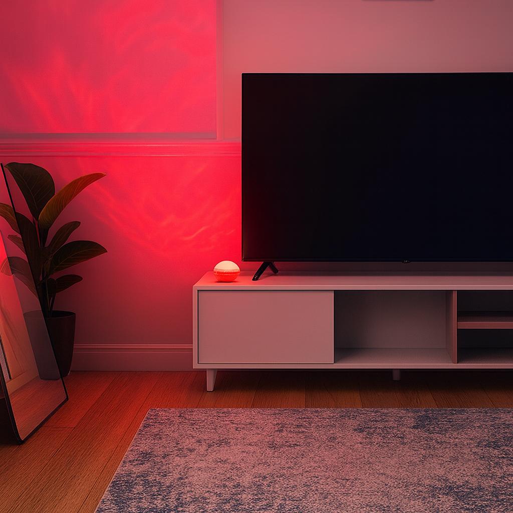 Modern living room with a TV and aurora projector lamp on a stand against illuminated red wall.