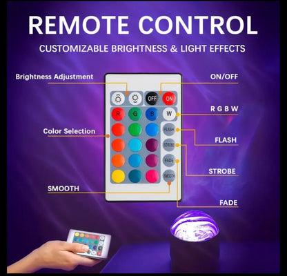 Remote control with customizable brightness and light effects on a purple background