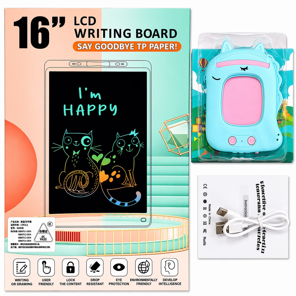 16-inch LCD writing board with packaging and accessories on a white background