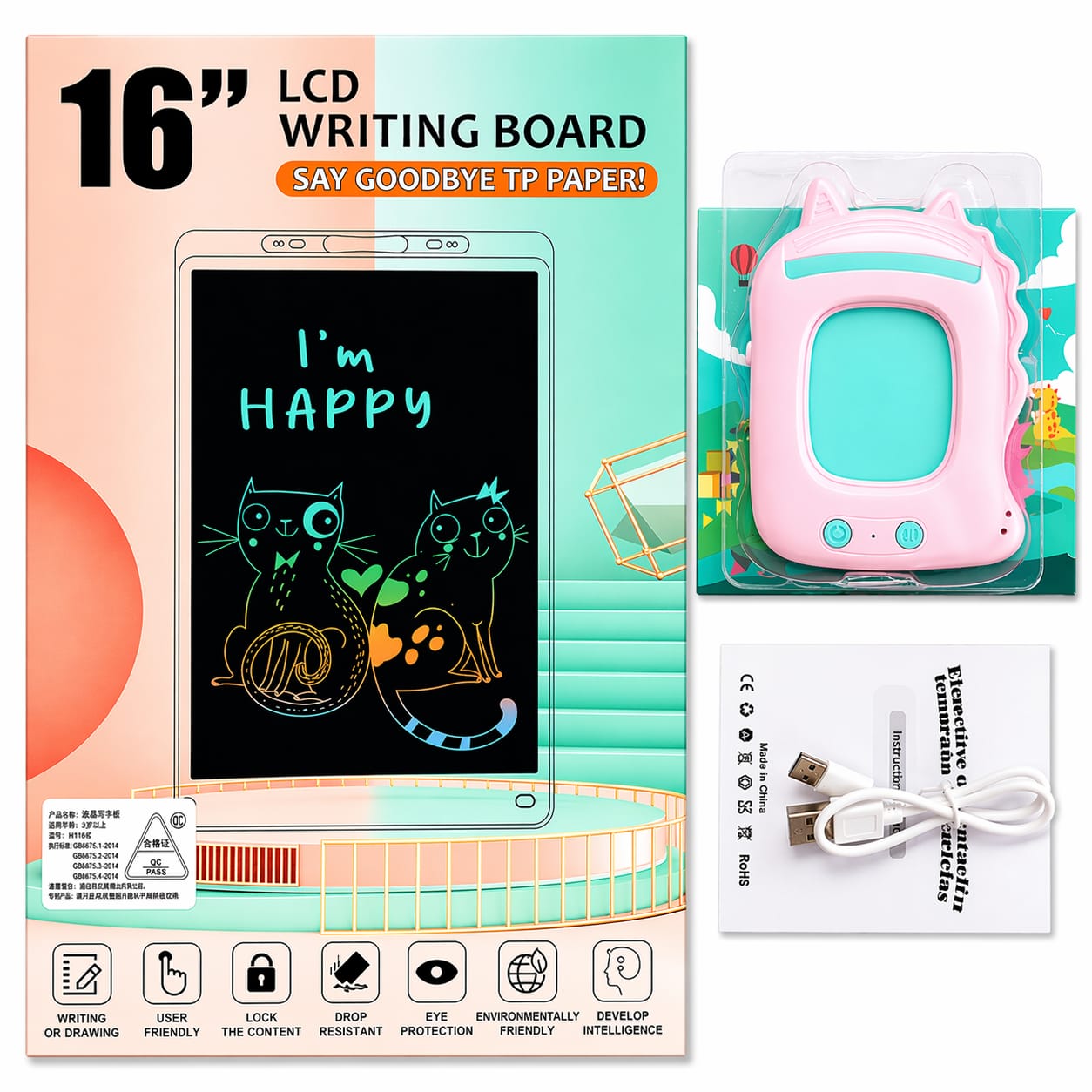 16-inch LCD writing board with packaging and accessories on a white background