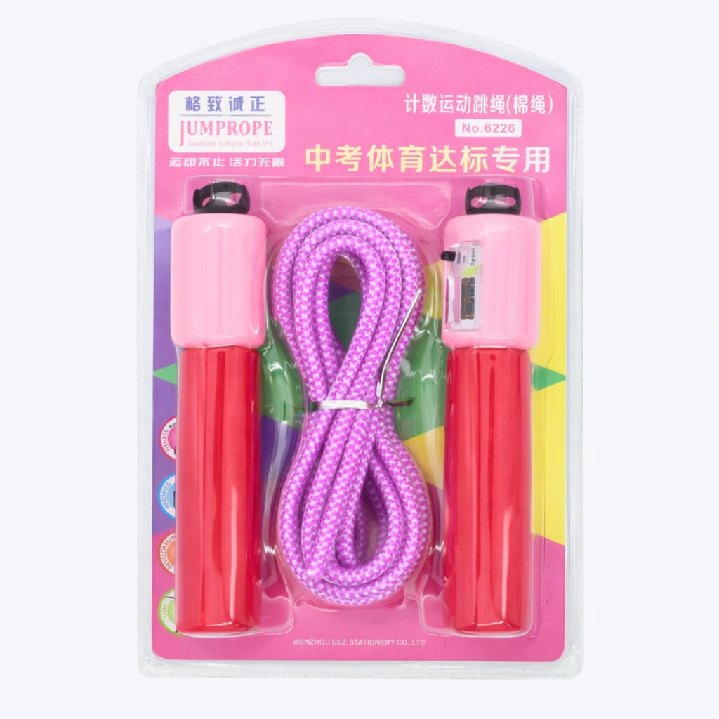 Pink and purple jump rope with packaging on a white background