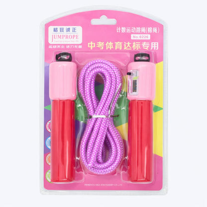 Pink and purple jump rope with packaging on a white background