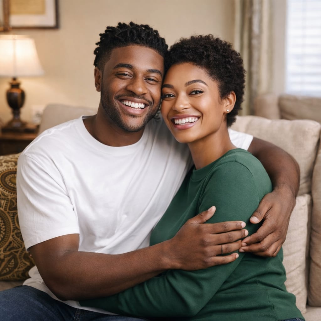 Couple smiling and embracing in a cozy living room.