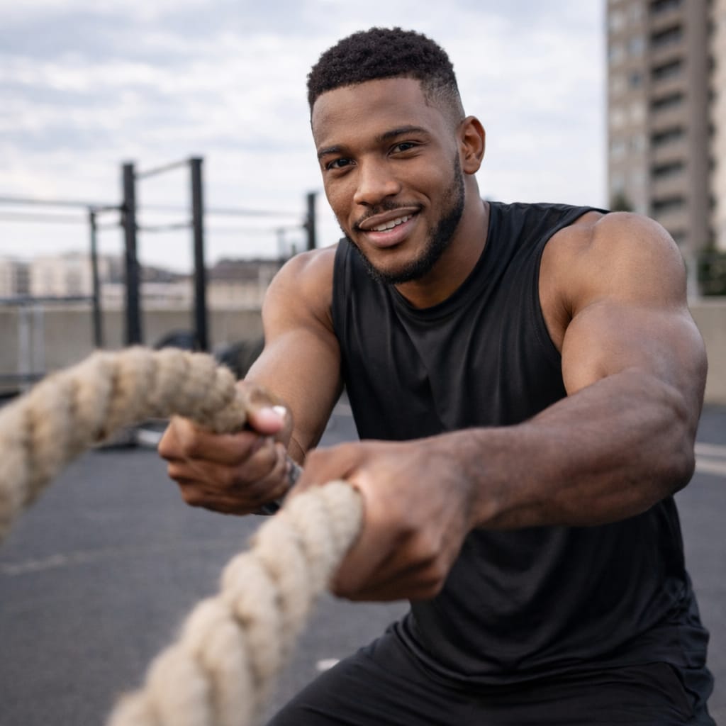 Man pulling a rope in an outdoor setting