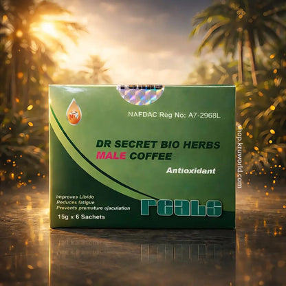Box of Dr. Secret Bio Herbs Male Coffee with a scenic background