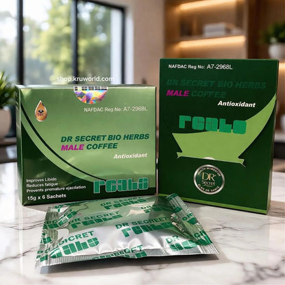 Dr. Secret Bio Herbs Male Coffee packaging on a marble surface