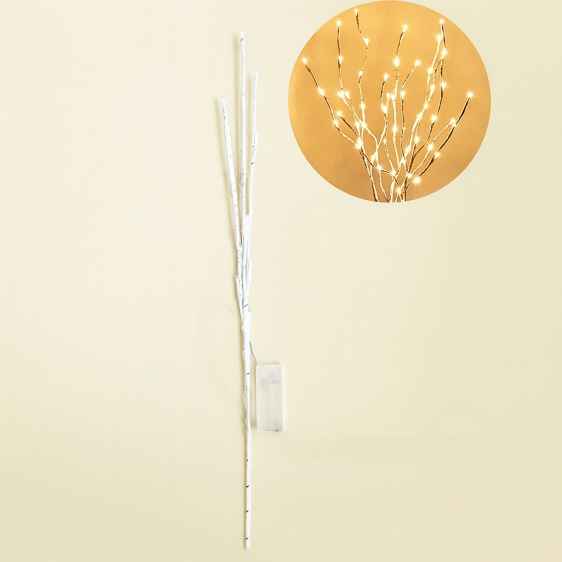 kruworld white birch LED branch light -  Decorative battery operated twig lamp for home decorwall light fixture with LED branches on a beige wall.